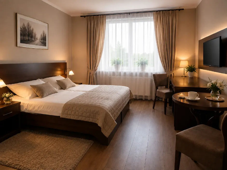 Pokój w Motelu Zacisze z dużym oknem, biurkiem i stolikiem kawowym