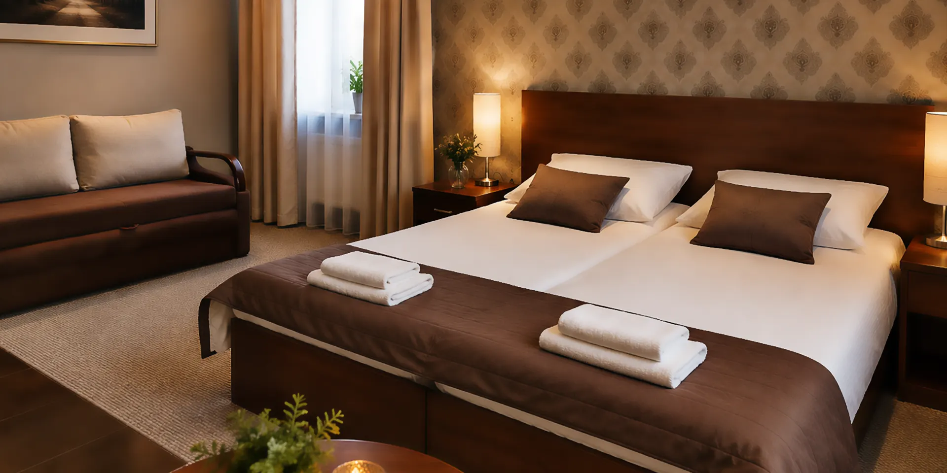 Przytulny pokój w Motelu Zacisze z łóżkiem, ręcznikami i sofą